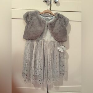 Popatu Starry Blue Dress with metallic stars and removable faux fur grey vest